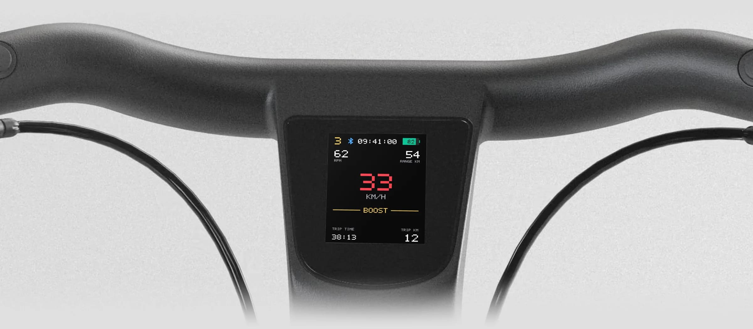 Handlebar display showing boost active at 33 km/h