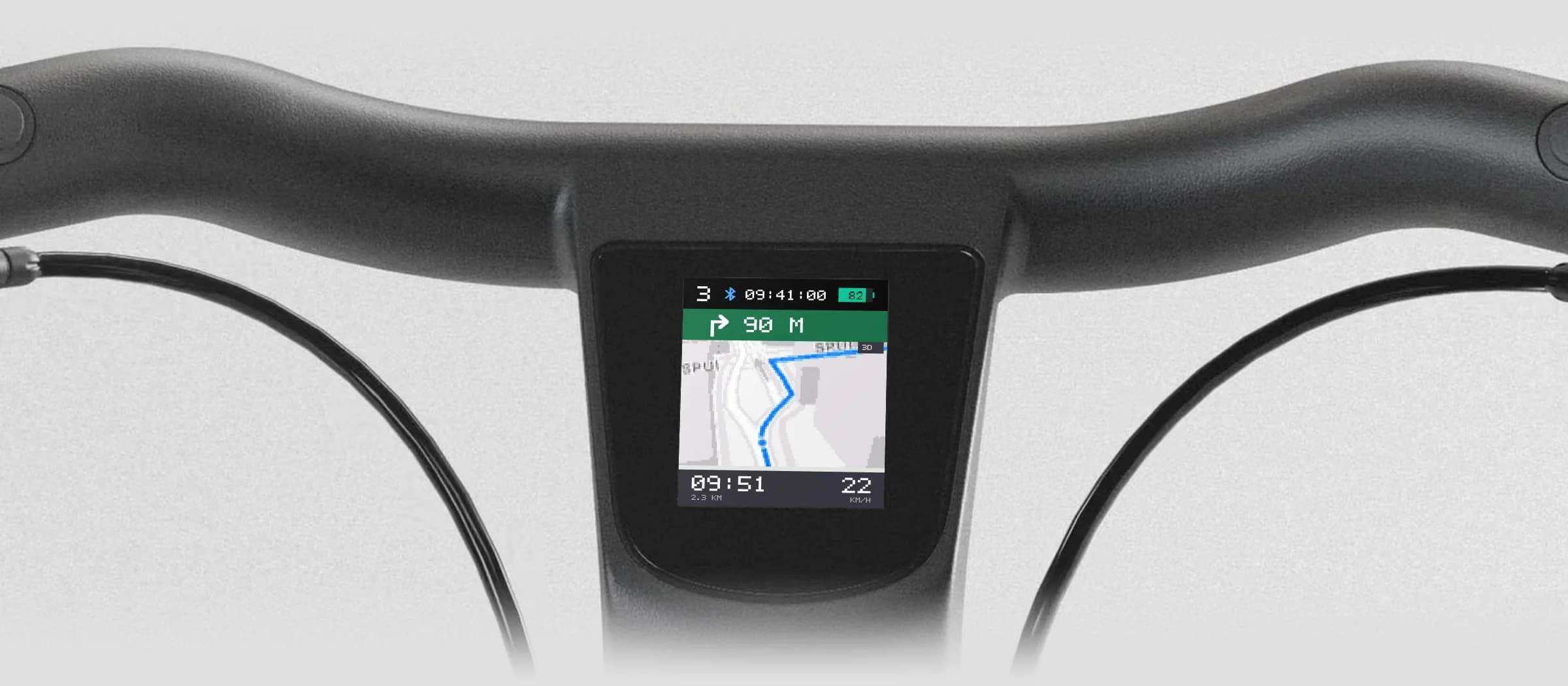 Handlebar display showing a 3D map with a right turn in 90 metres