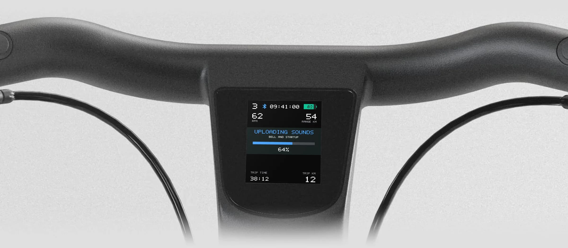 Handlebar display showing custom sounds being uploaded